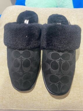 Coach Black Faux-Fur Clog Slide Slippers with Signature 'C' Jacquard